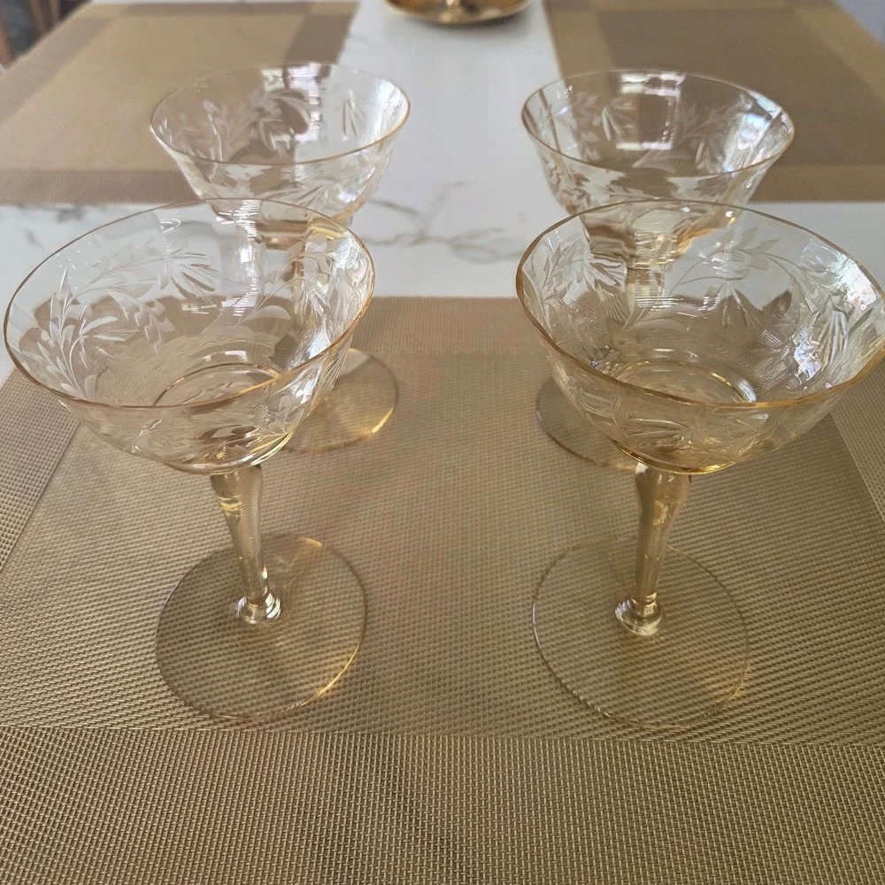 Set of 4 Art Deco Etched Crystal  Yellow Etched Champagne Glasses Waterfall Stem